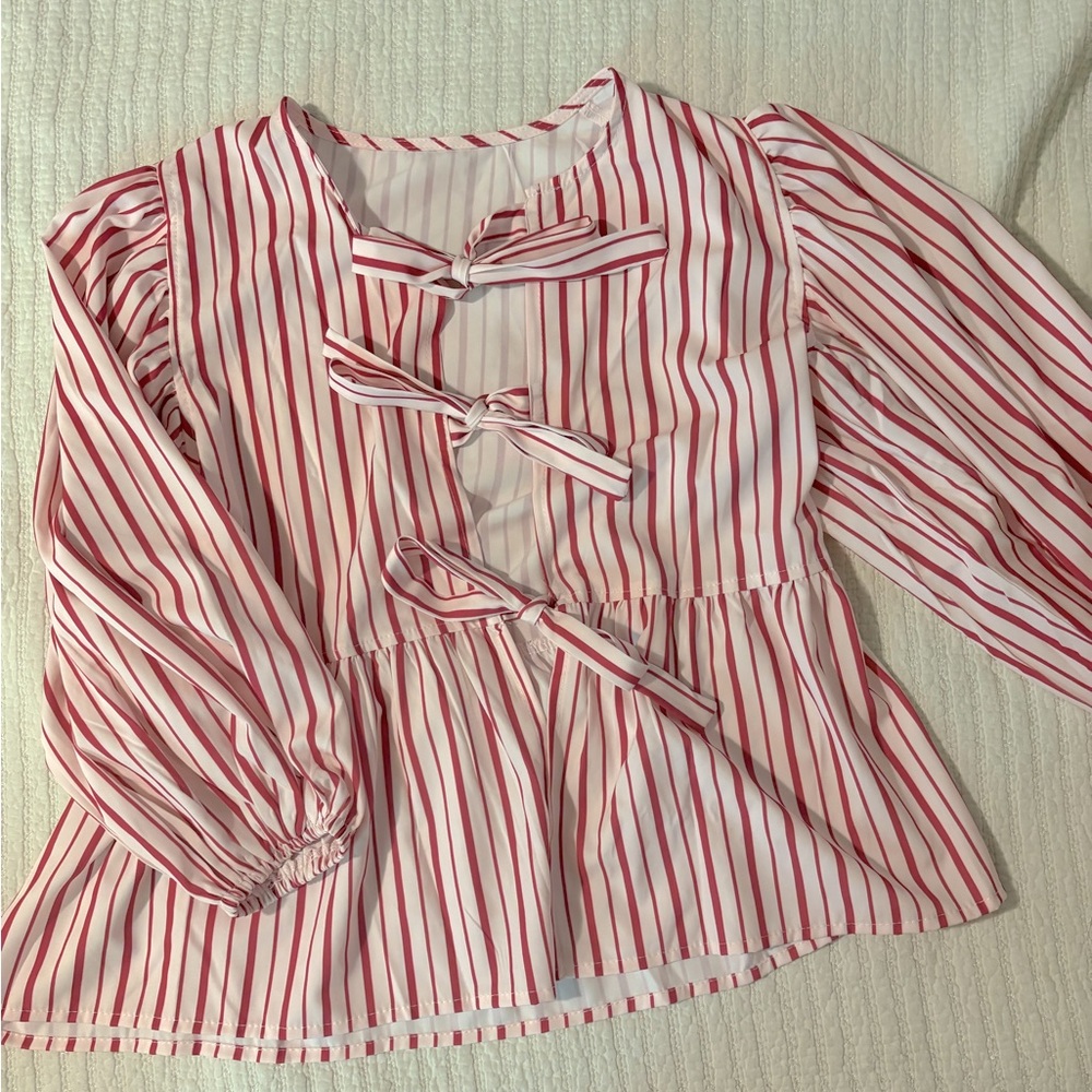 Striped Red and White tie front Top